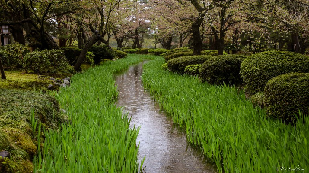 Liten bäck i Japansk park, Kenroku-en i staden Kanazawa i prefekturen Ishikawa, Japan. 